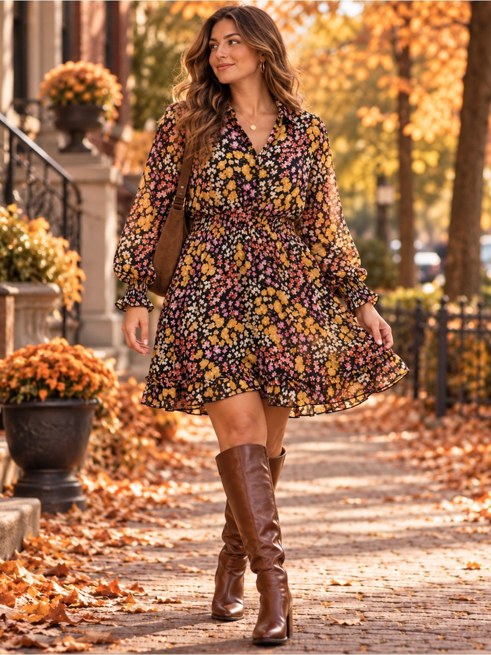 ASOS DESIGN Floral Long Sleeve Ruffle Hem Mini Dress US 12